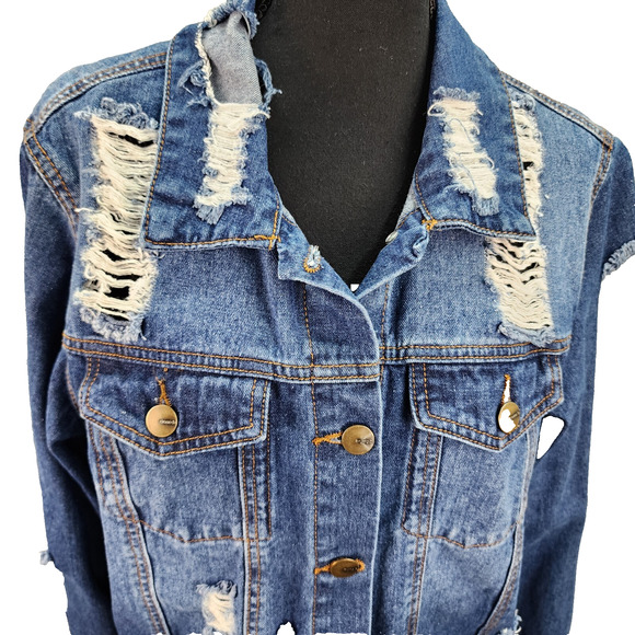 Mono B Longline Denim Jacket Women’s Large Distressed Destroyed Blue Jean Coat - Picture 7 of 14